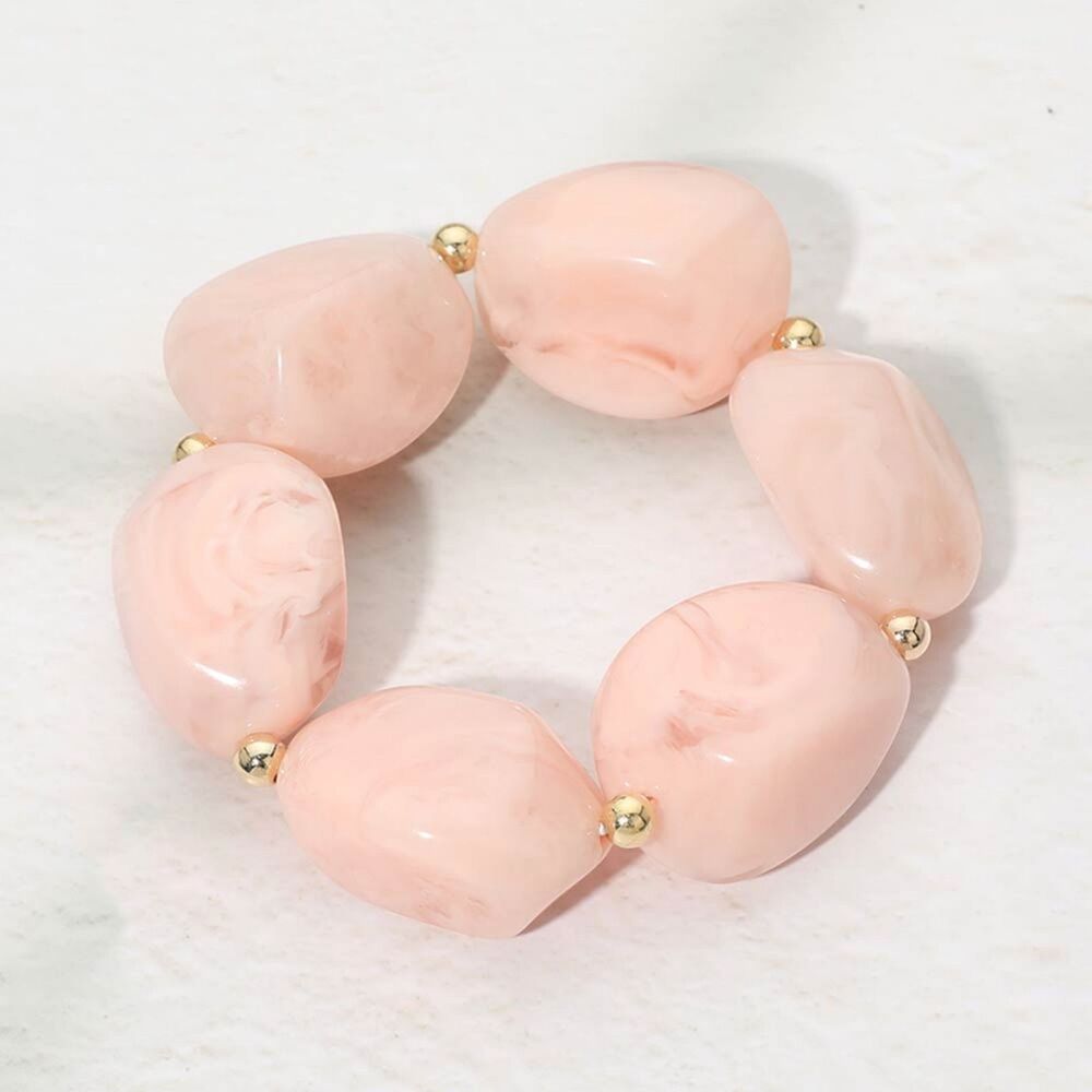 Pink Beaded Chunky Pebble Stone Resin Stretch Bracelet Modern Jewelry